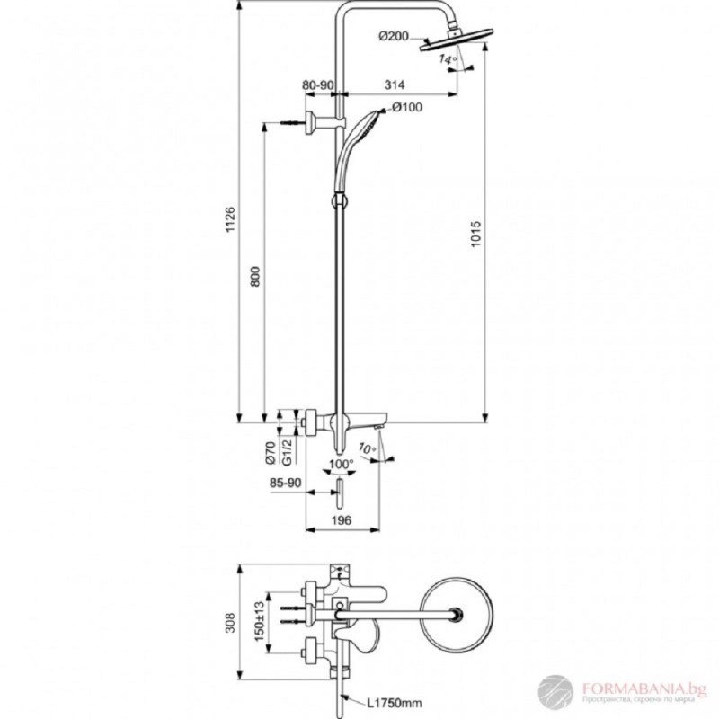 Душ система Cerafine O с едноръкохватков смесител за вана/душ, Ideal Standart, BC525XG