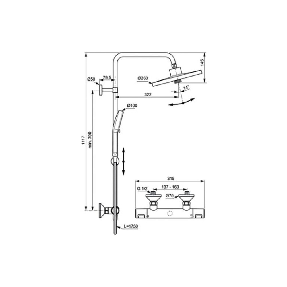 Душ система Ceratherm T25+ със стенен термостатен смесител за душ, Ideal Standart, A7210XG
