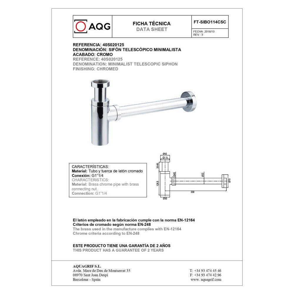 Телескопичен сифон за мивка хром AQG MINIMALISTA 40S020125