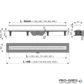 Линеен сифон за баня ф40мм, 55-95 см,H62мм, ALCA SIMPLE APZ18