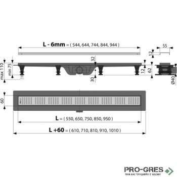 Линеен сифон за баня ф40мм, 55-95 см,H62мм, ALCA SIMPLE APZ10
