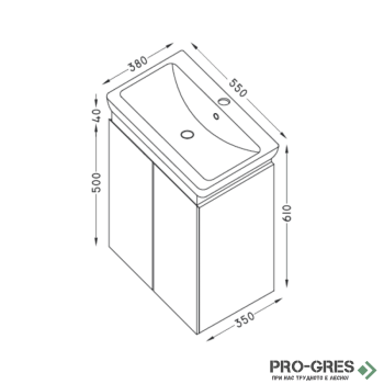 Шкаф за баня 55 см 2 вратички с мивка порцелан,  FLEXMEBEL, PURE, F552DPUR