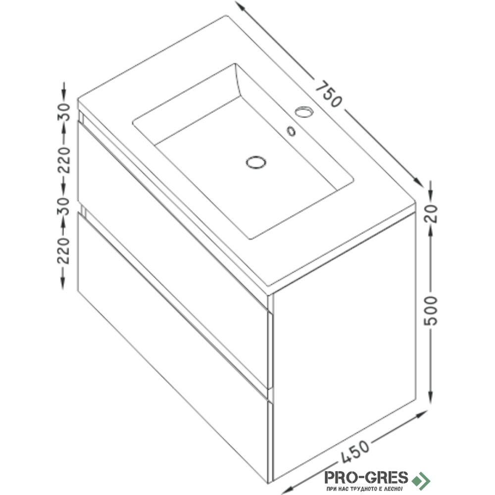 Шкаф за баня 75 см 2 чекмеджета с мивка порцелан,  FLEXMEBEL, ARRES, F752CARR