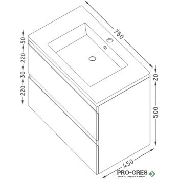 Шкаф за баня 75 см 2 чекмеджета с мивка порцелан,  FLEXMEBEL, ARRES, F752CARR