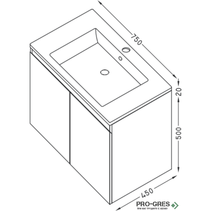 Шкаф за баня 75 см 2 врати с мивка порцелан, FLEXMEBEL, ARRES, F752DARR