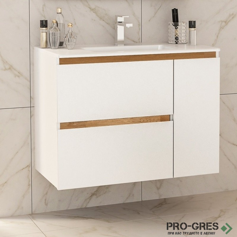 Шкаф за баня 85 см 2 чекмеджета 1 вратичка с мивка порцелан,  FLEXMEBEL, INES MAX, F852C1DIN