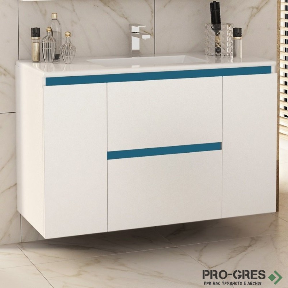 Шкаф за баня 100 см 2 вратички и 2 чекмеджета с мивка порцелан, FLEXMEBEL, NIDO LINE,  F002CDNIL