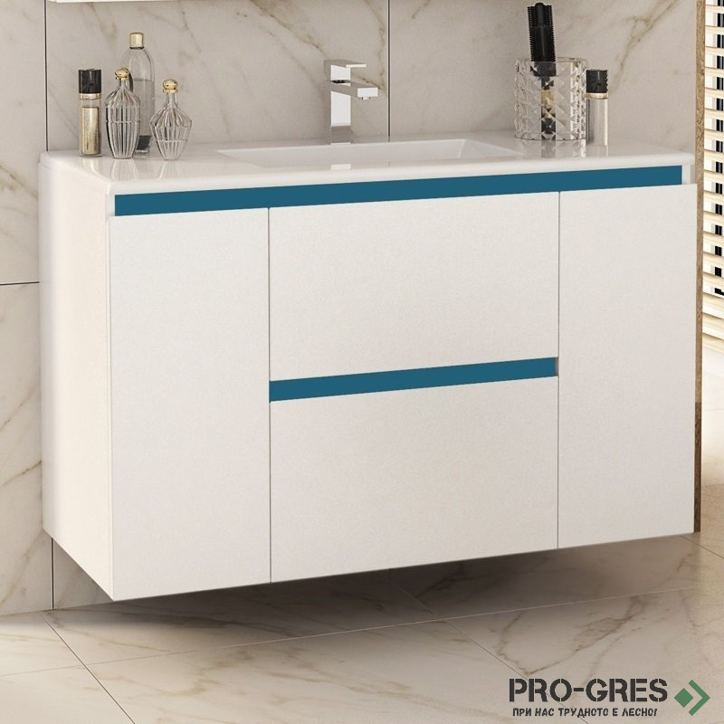 Шкаф за баня 100 см 2 вратички и 2 чекмеджета с мивка порцелан, FLEXMEBEL, NIDO LINE,  F002CDNIL