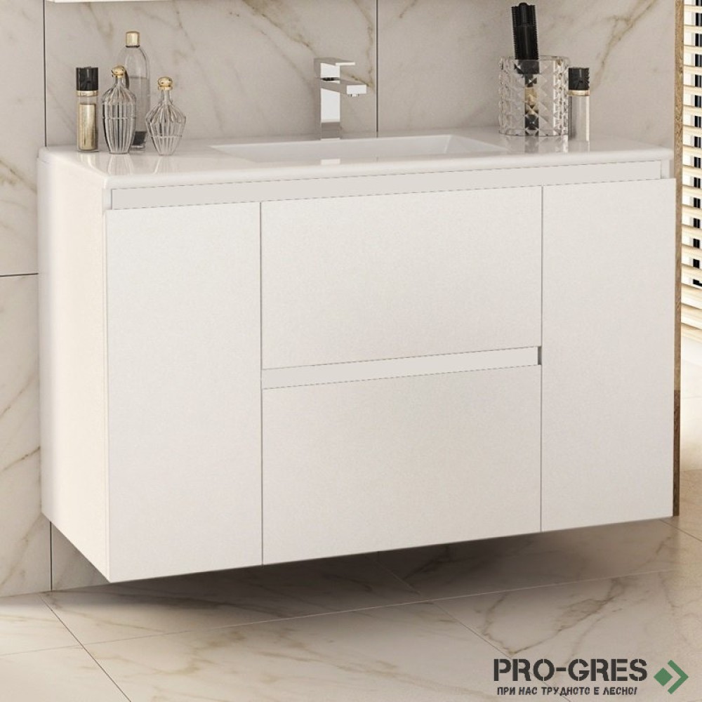Шкаф за баня 100 см 2 вратички и 2 чекмеджета с мивка порцелан, FLEXMEBEL, NIDO LINE,  F002CDNIL