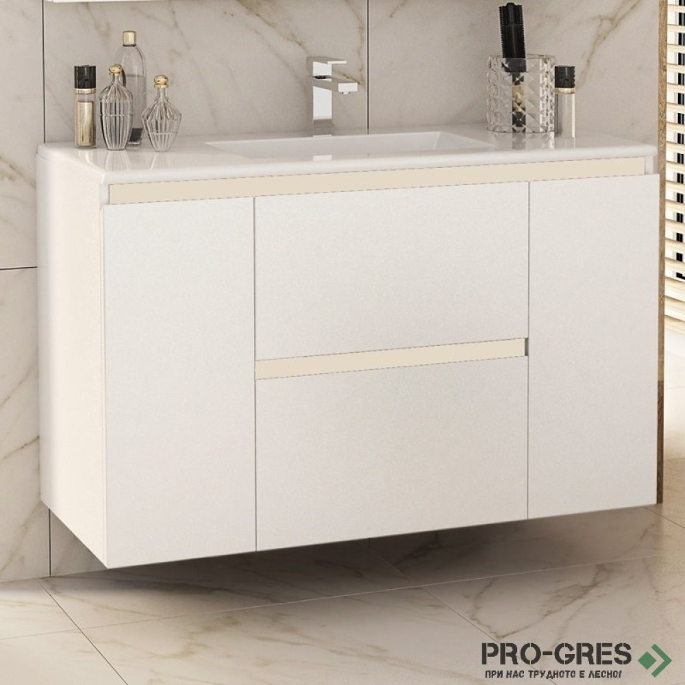 Шкаф за баня 100 см 2 вратички и 2 чекмеджета с мивка порцелан, FLEXMEBEL, NIDO LINE,  F002CDNIL