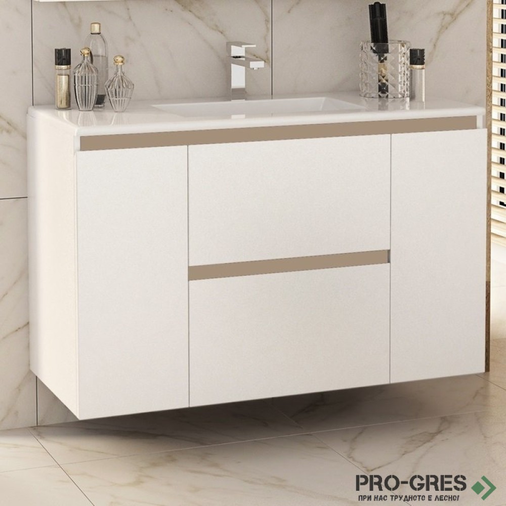 Шкаф за баня 100 см 2 вратички и 2 чекмеджета с мивка порцелан, FLEXMEBEL, NIDO LINE,  F002CDNIL
