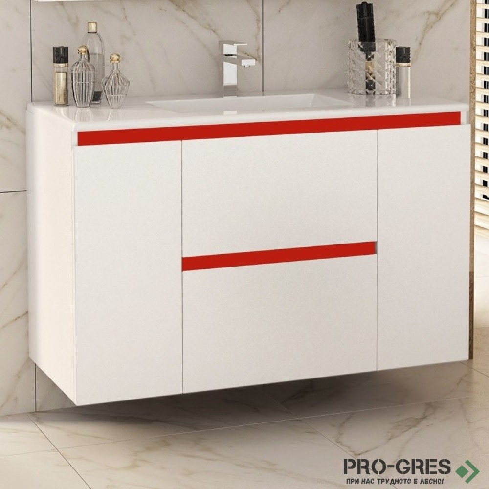 Шкаф за баня 100 см 2 вратички и 2 чекмеджета с мивка порцелан, FLEXMEBEL, NIDO LINE,  F002CDNIL
