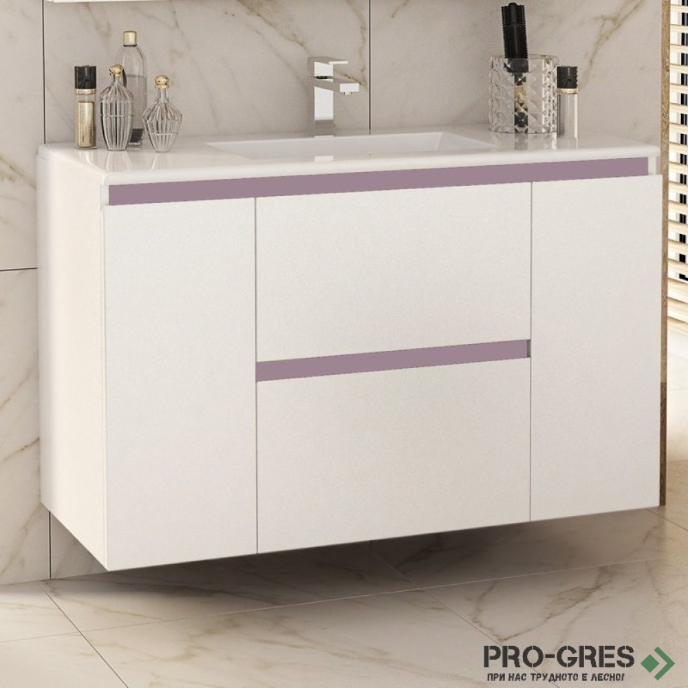 Шкаф за баня 100 см 2 вратички и 2 чекмеджета с мивка порцелан, FLEXMEBEL, NIDO LINE,  F002CDNIL