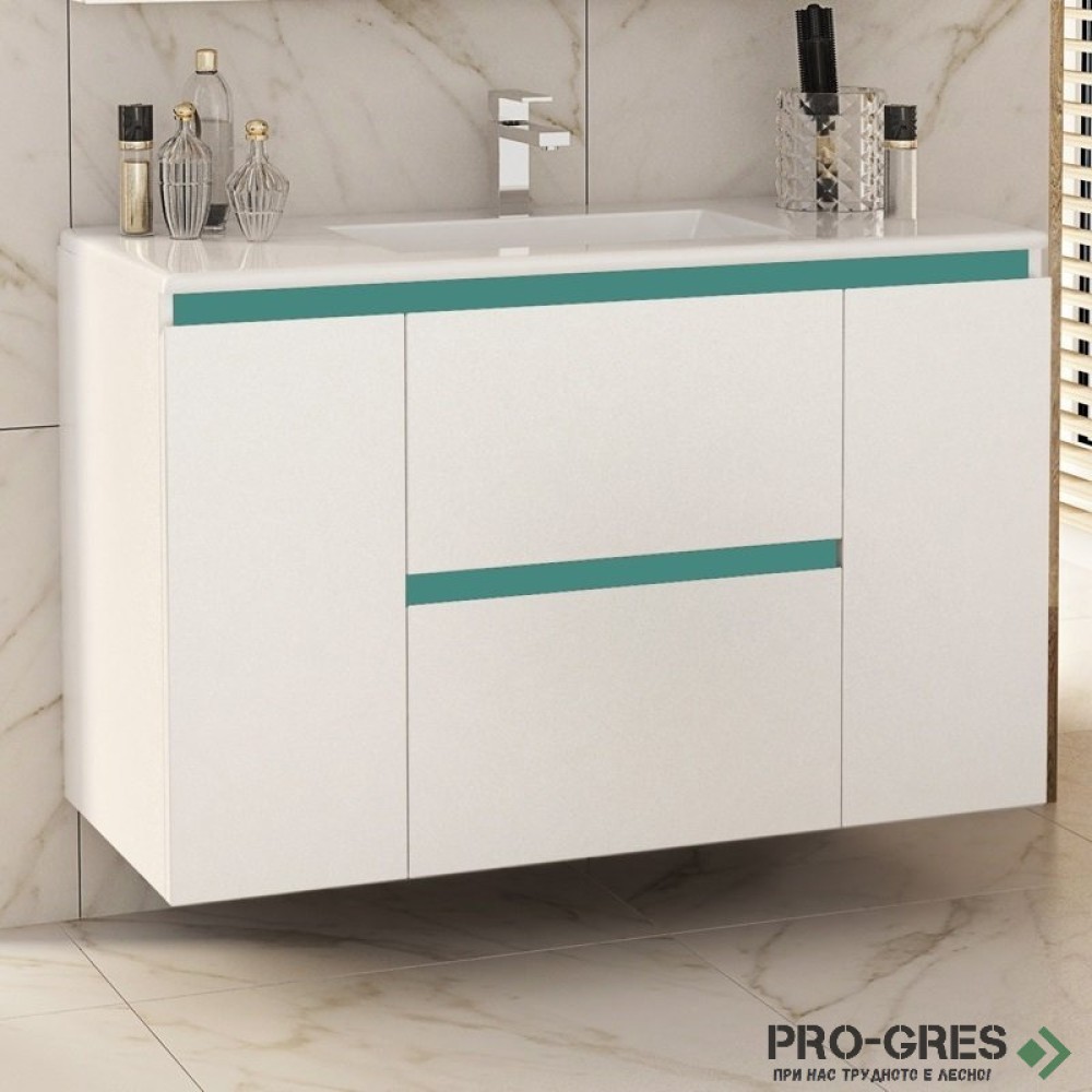 Шкаф за баня 100 см 2 вратички и 2 чекмеджета с мивка порцелан, FLEXMEBEL, NIDO LINE,  F002CDNIL