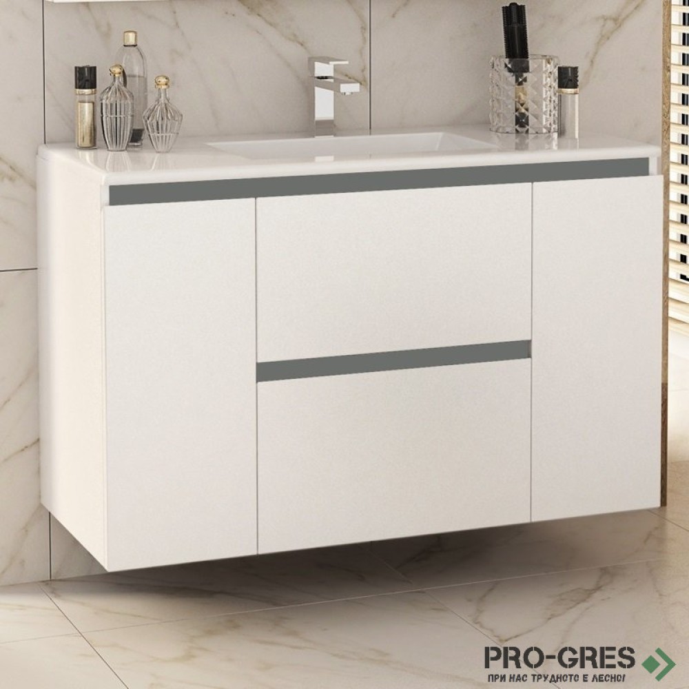 Шкаф за баня 100 см 2 вратички и 2 чекмеджета с мивка порцелан, FLEXMEBEL, NIDO LINE,  F002CDNIL