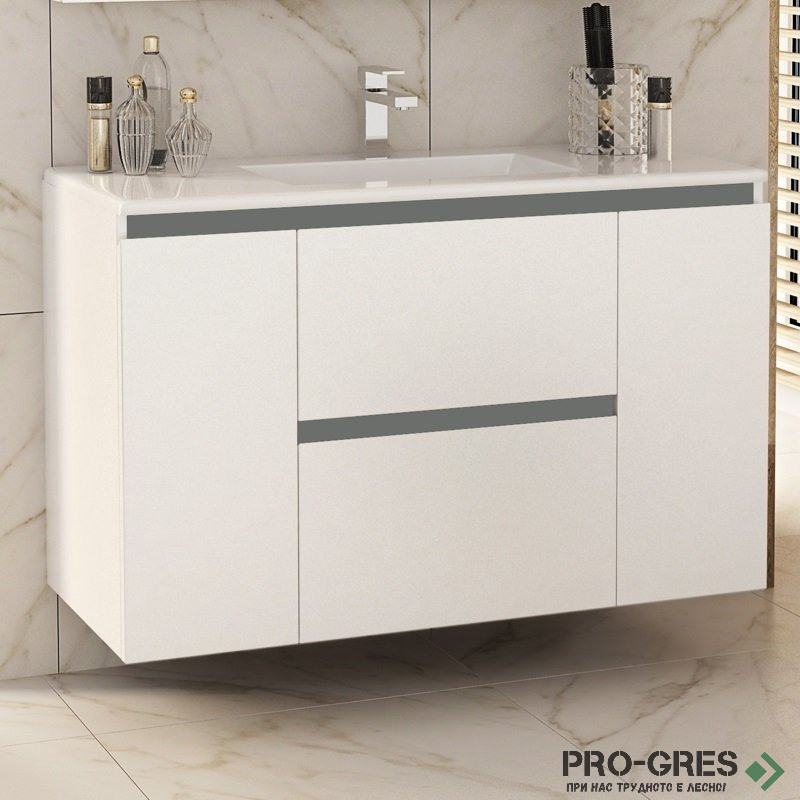 Шкаф за баня 100 см 2 вратички и 2 чекмеджета с мивка порцелан, FLEXMEBEL, NIDO LINE,  F002CDNIL