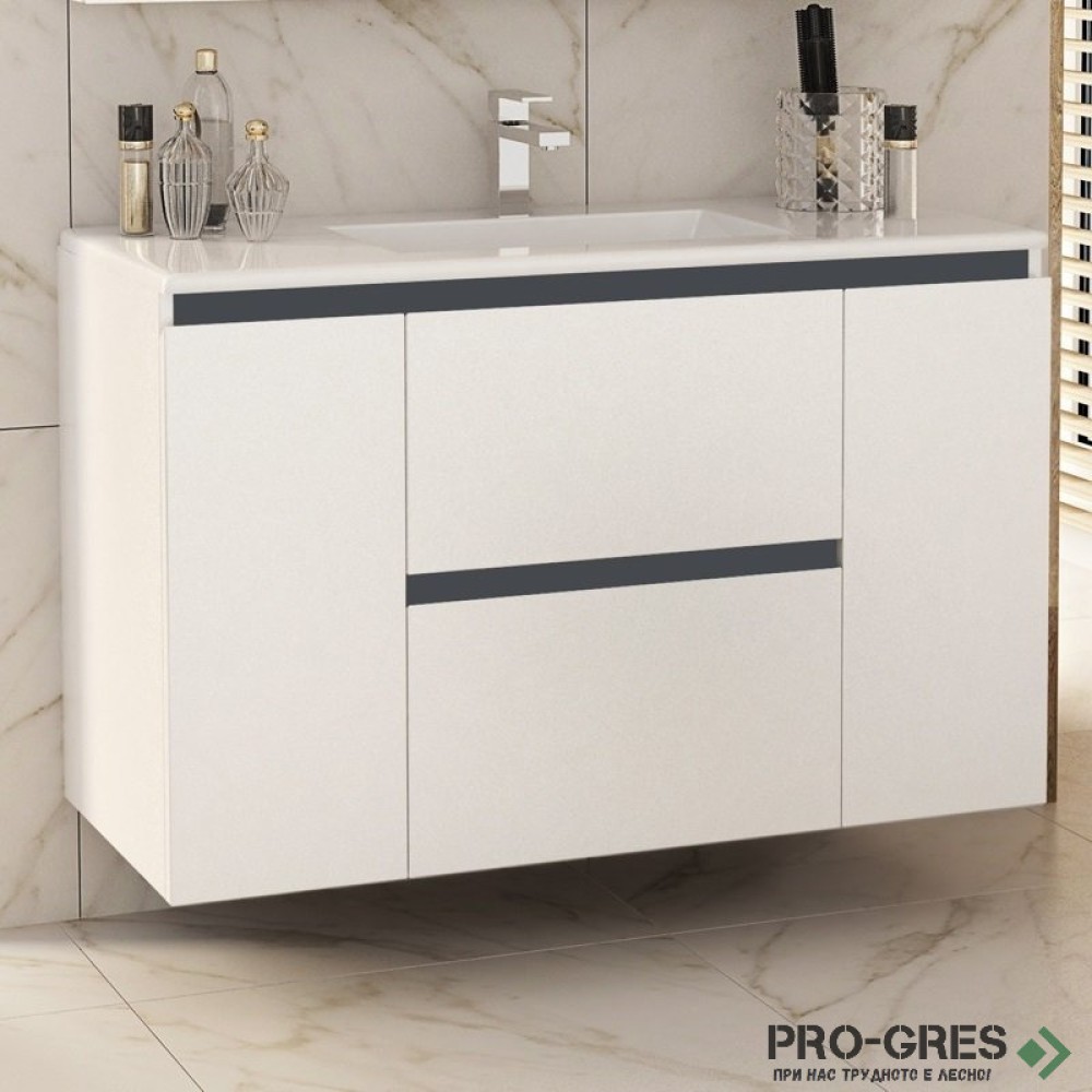 Шкаф за баня 100 см 2 вратички и 2 чекмеджета с мивка порцелан, FLEXMEBEL, NIDO LINE,  F002CDNIL