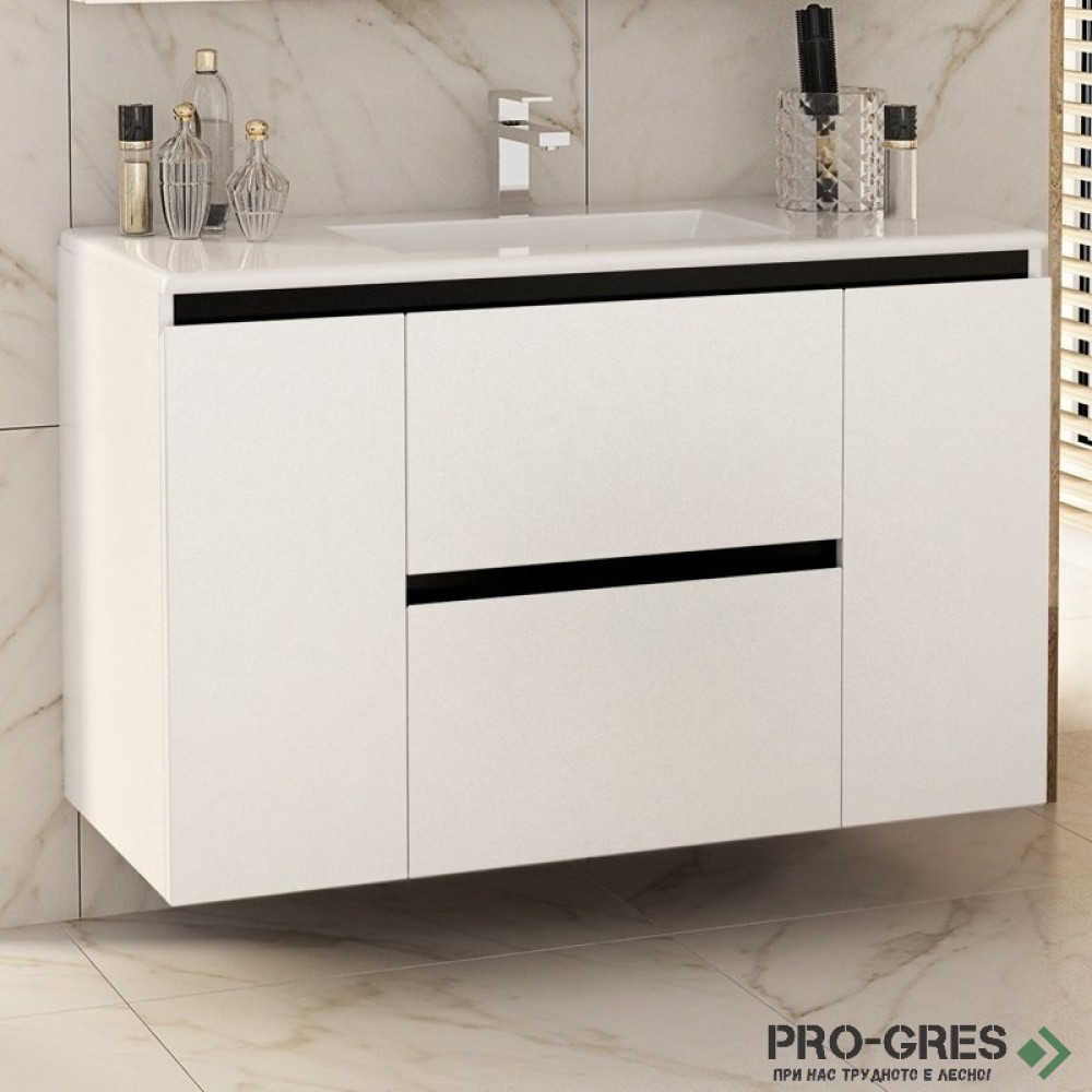 Шкаф за баня 100 см 2 вратички и 2 чекмеджета с мивка порцелан, FLEXMEBEL, NIDO LINE,  F002CDNIL