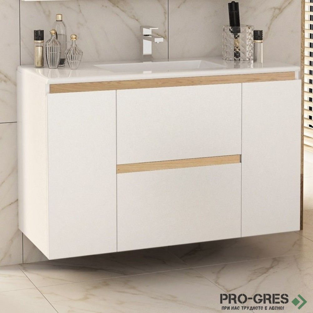 Шкаф за баня 100 см 2 вратички и 2 чекмеджета с мивка порцелан, FLEXMEBEL, NIDO LINE,  F002CDNIL