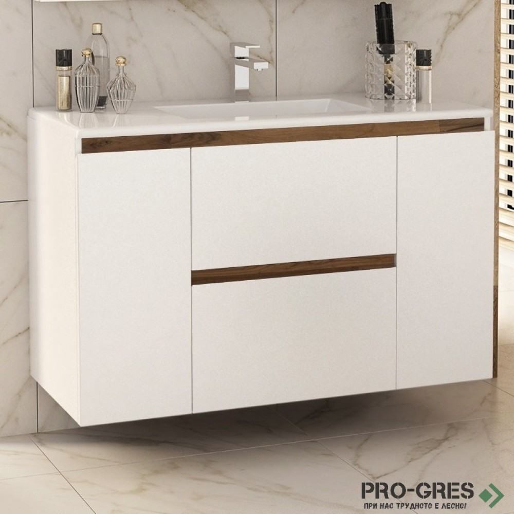 Шкаф за баня 100 см 2 вратички и 2 чекмеджета с мивка порцелан, FLEXMEBEL, NIDO LINE,  F002CDNIL