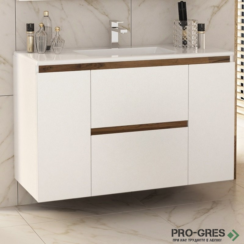Шкаф за баня 100 см 2 вратички и 2 чекмеджета с мивка порцелан, FLEXMEBEL, NIDO LINE,  F002CDNIL