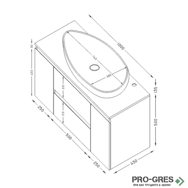 Шкаф за баня 100 см 2 вратички и 2 чекмеджета с мивка порцелан, FLEXMEBEL, OLA LINE, F002CDOLL
