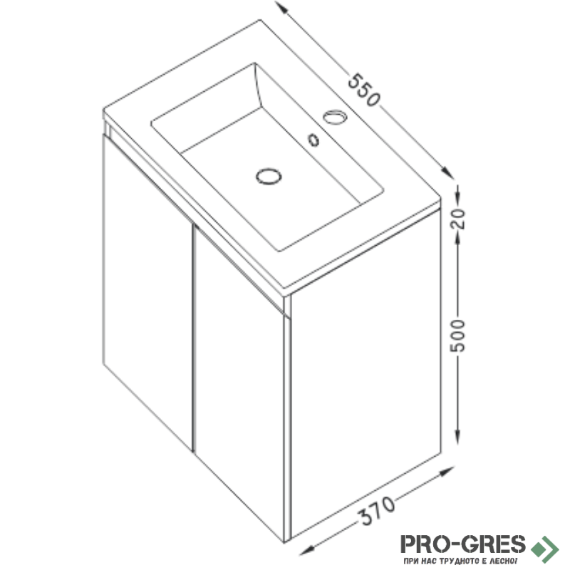 Шкаф за баня 55 см 2 врати с мивка порцелан, FLEXMEBEL, ARRES ,  F552DARR