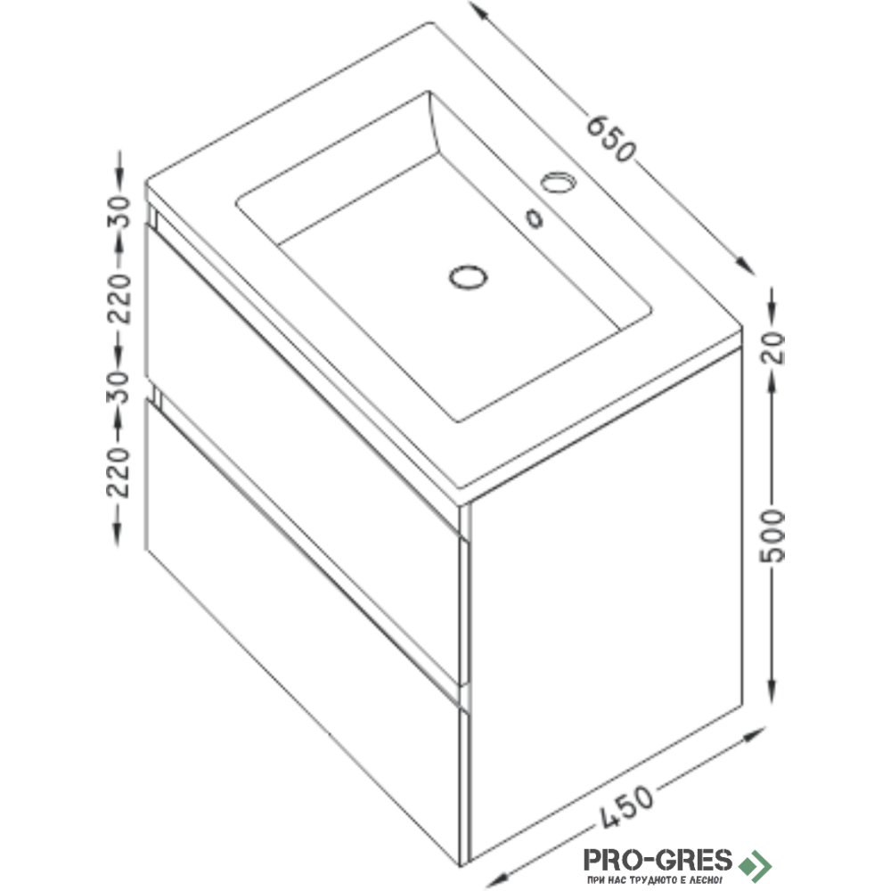 Шкаф за баня 65 см 2 чекмеджета с мивка порцелан, FLEXMEBEL, ARRES, F652CARR
