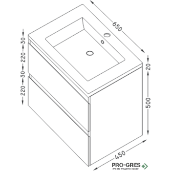 Шкаф за баня 65 см 2 чекмеджета с мивка порцелан, FLEXMEBEL, ARRES, F652CARR