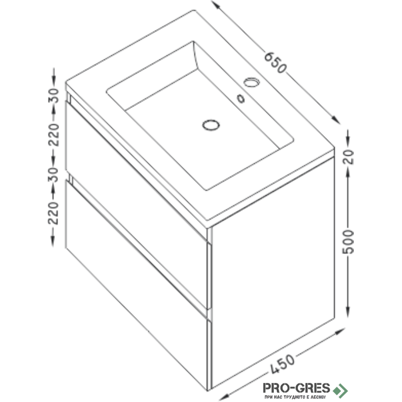 Шкаф за баня 65 см 2 чекмеджета с мивка порцелан, FLEXMEBEL, ARRES, F652CARR