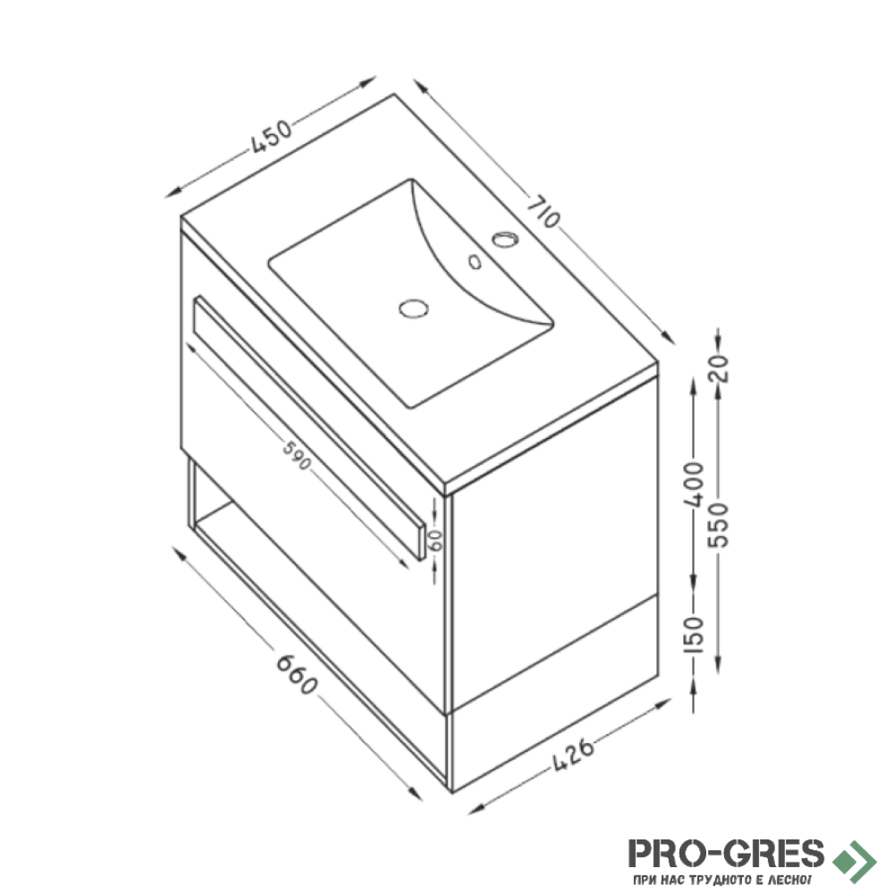 Шкаф за баня 70 см 1 чекмедже с мивка порцелан, FLEXMEBEL, TREND, F701CTRE