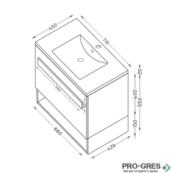 Шкаф за баня 70 см 1 чекмедже с мивка порцелан, FLEXMEBEL, TREND, F701CTRE