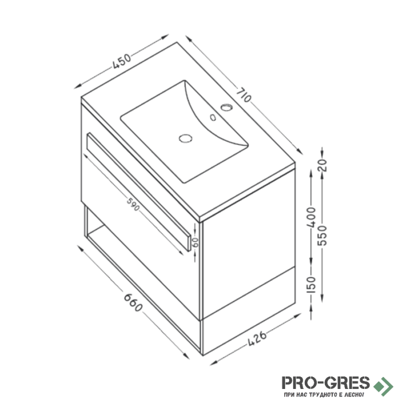 Шкаф за баня 70 см 1 чекмедже с мивка порцелан, FLEXMEBEL, TREND, F701CTRE