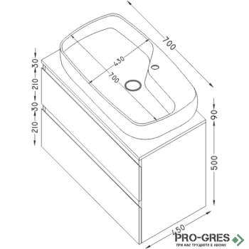 Шкаф за баня 70 см 2 чекмеджета с мивка порцелан, FLEXMEBEL, NOVE,  F702CNOV