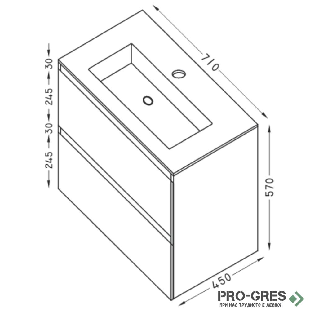 Шкаф за баня 70 см 2 чекмеджета с мивка порцелан, FLEXMEBEL, TENSO, F702CTEN