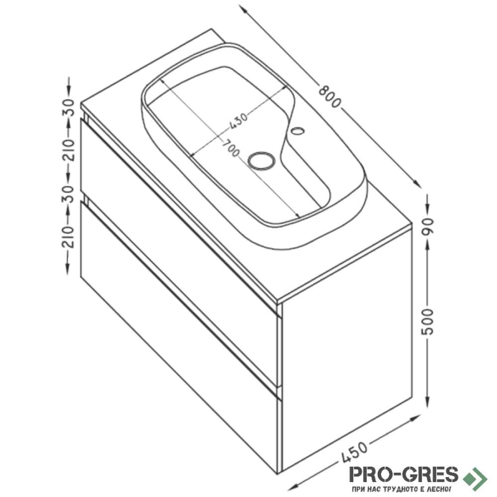 Шкаф за баня 80 см 2 чекмеджета с мивка порцелан, FLEXMEBEL, NOVE,  F802CNOV