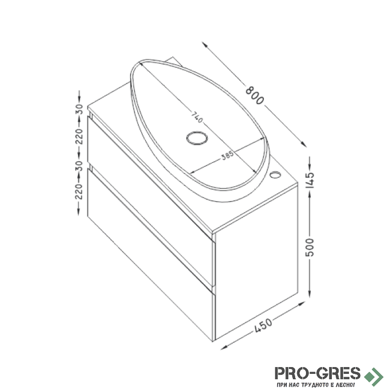 Шкаф за баня 80 см 2 чекмеджета мивка порцелан,  FLEXMEBEL, OMNIA, F802COMN