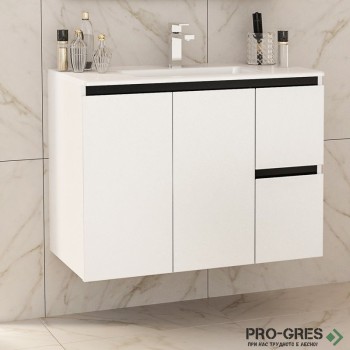 Шкаф за баня 85 см 3 вратички 1 чекмедже с мивка порцелан, FLEXMEBEL, INES TWIN, F852D2CIN