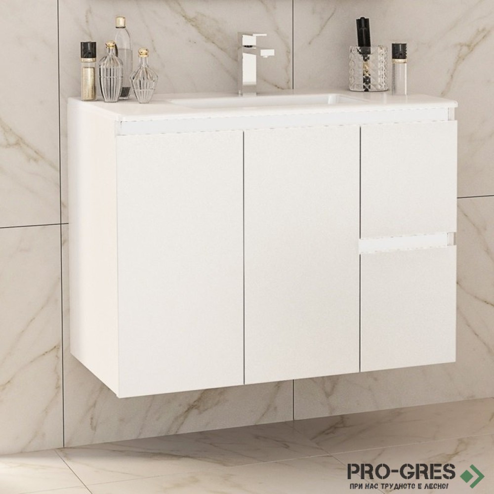 Шкаф за баня 85 см 3 вратички 1 чекмедже с мивка порцелан, FLEXMEBEL, INES TWIN, F852D2CIN
