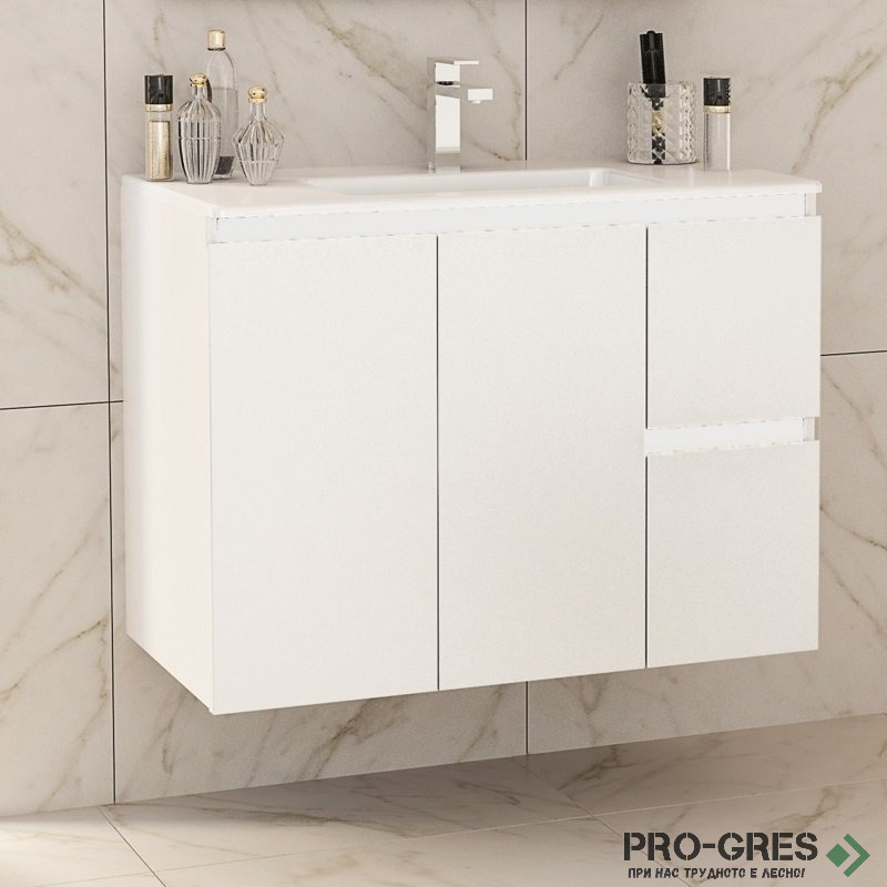 Шкаф за баня 85 см 3 вратички 1 чекмедже с мивка порцелан, FLEXMEBEL, INES TWIN, F852D2CIN