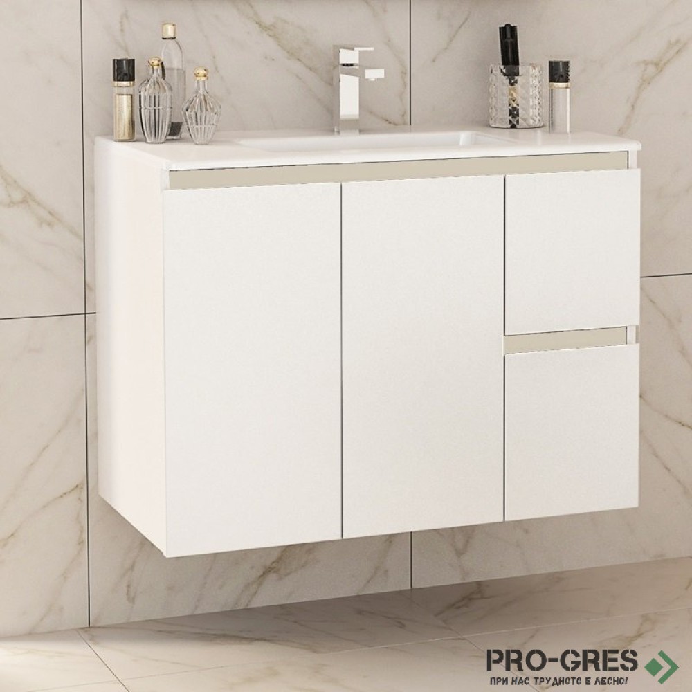 Шкаф за баня 85 см 3 вратички 1 чекмедже с мивка порцелан, FLEXMEBEL, INES TWIN, F852D2CIN