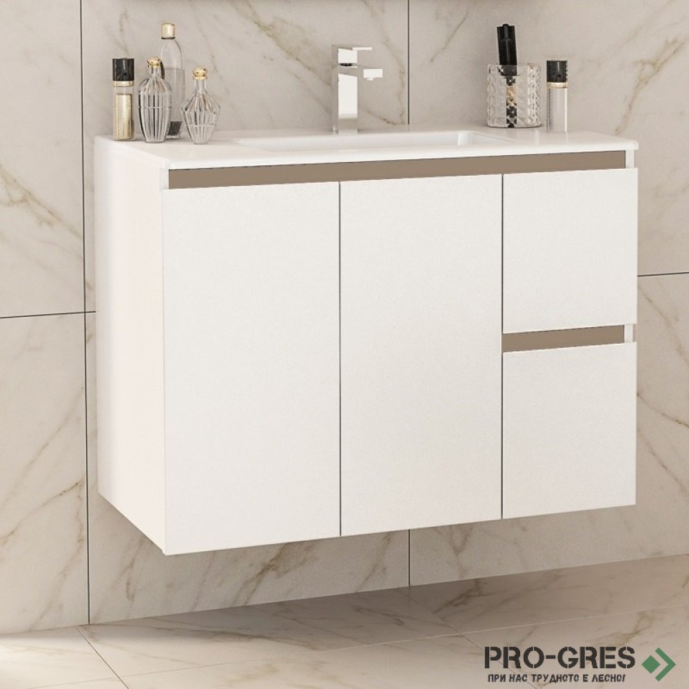 Шкаф за баня 85 см 3 вратички 1 чекмедже с мивка порцелан, FLEXMEBEL, INES TWIN, F852D2CIN