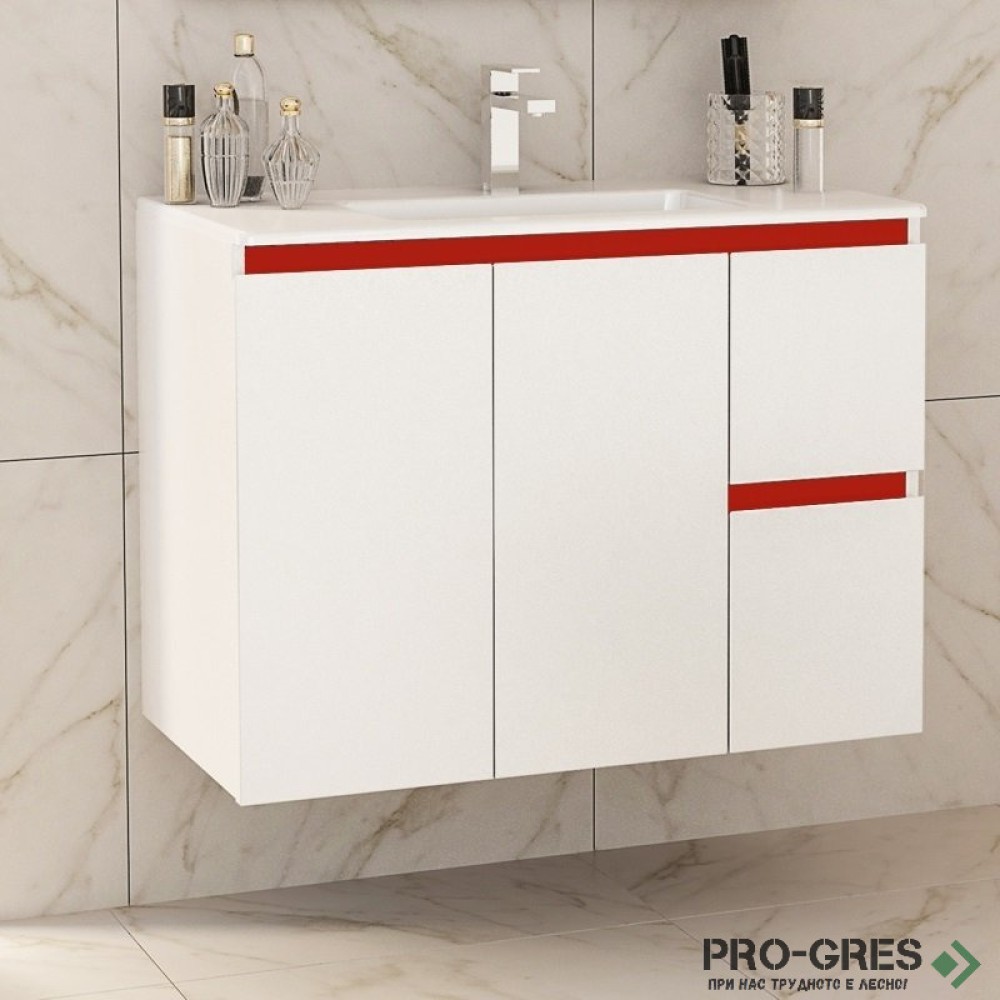 Шкаф за баня 85 см 3 вратички 1 чекмедже с мивка порцелан, FLEXMEBEL, INES TWIN, F852D2CIN