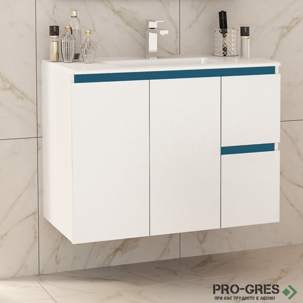 Шкаф за баня 85 см 3 вратички 1 чекмедже с мивка порцелан, FLEXMEBEL, INES TWIN, F852D2CIN