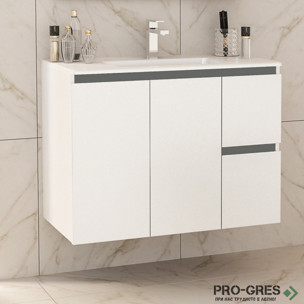 Шкаф за баня 85 см 3 вратички 1 чекмедже с мивка порцелан, FLEXMEBEL, INES TWIN, F852D2CIN