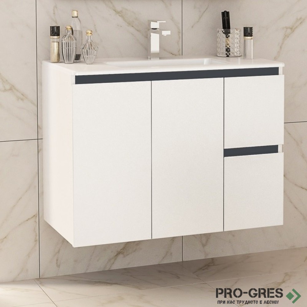 Шкаф за баня 85 см 3 вратички 1 чекмедже с мивка порцелан, FLEXMEBEL, INES TWIN, F852D2CIN