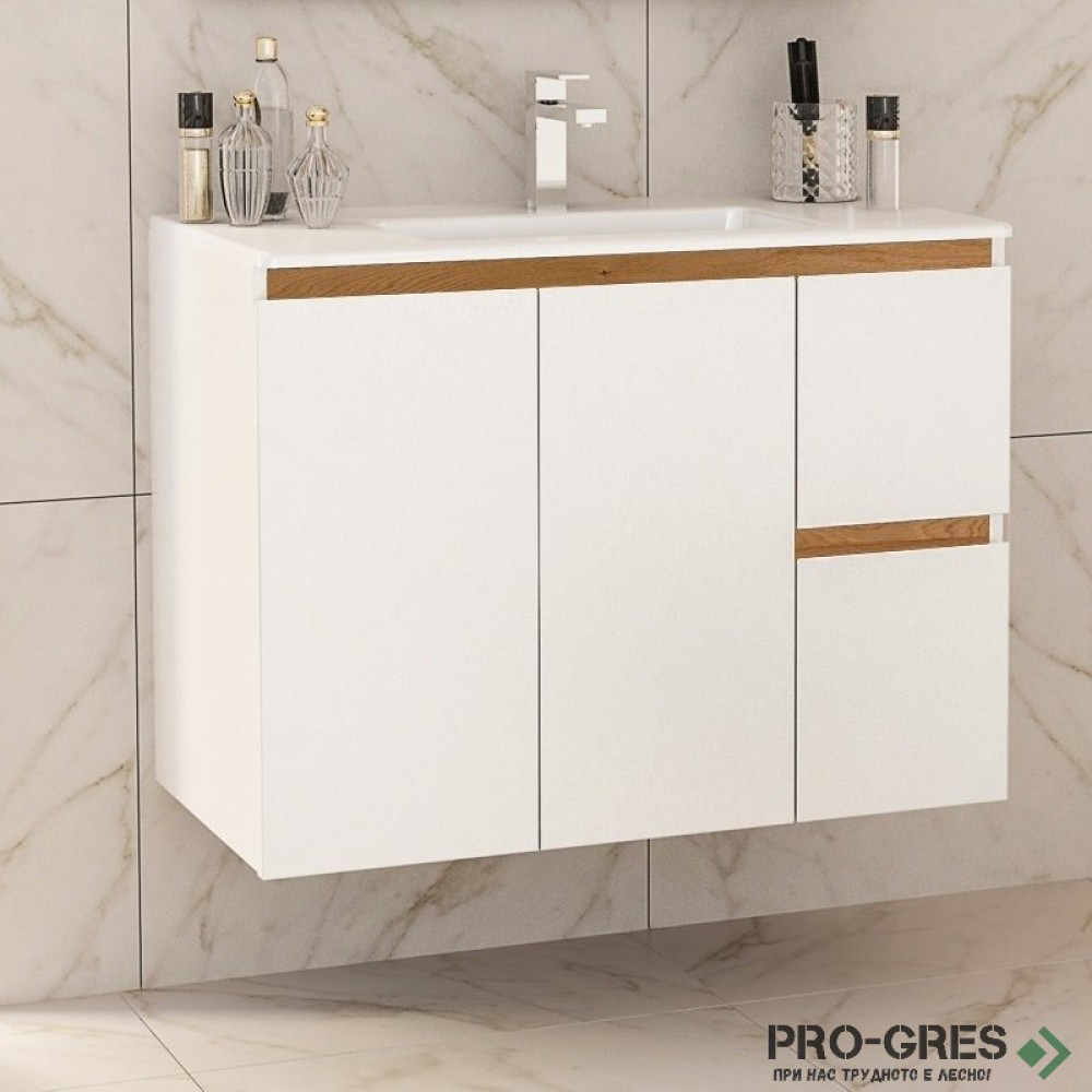 Шкаф за баня 85 см 3 вратички 1 чекмедже с мивка порцелан, FLEXMEBEL, INES TWIN, F852D2CIN