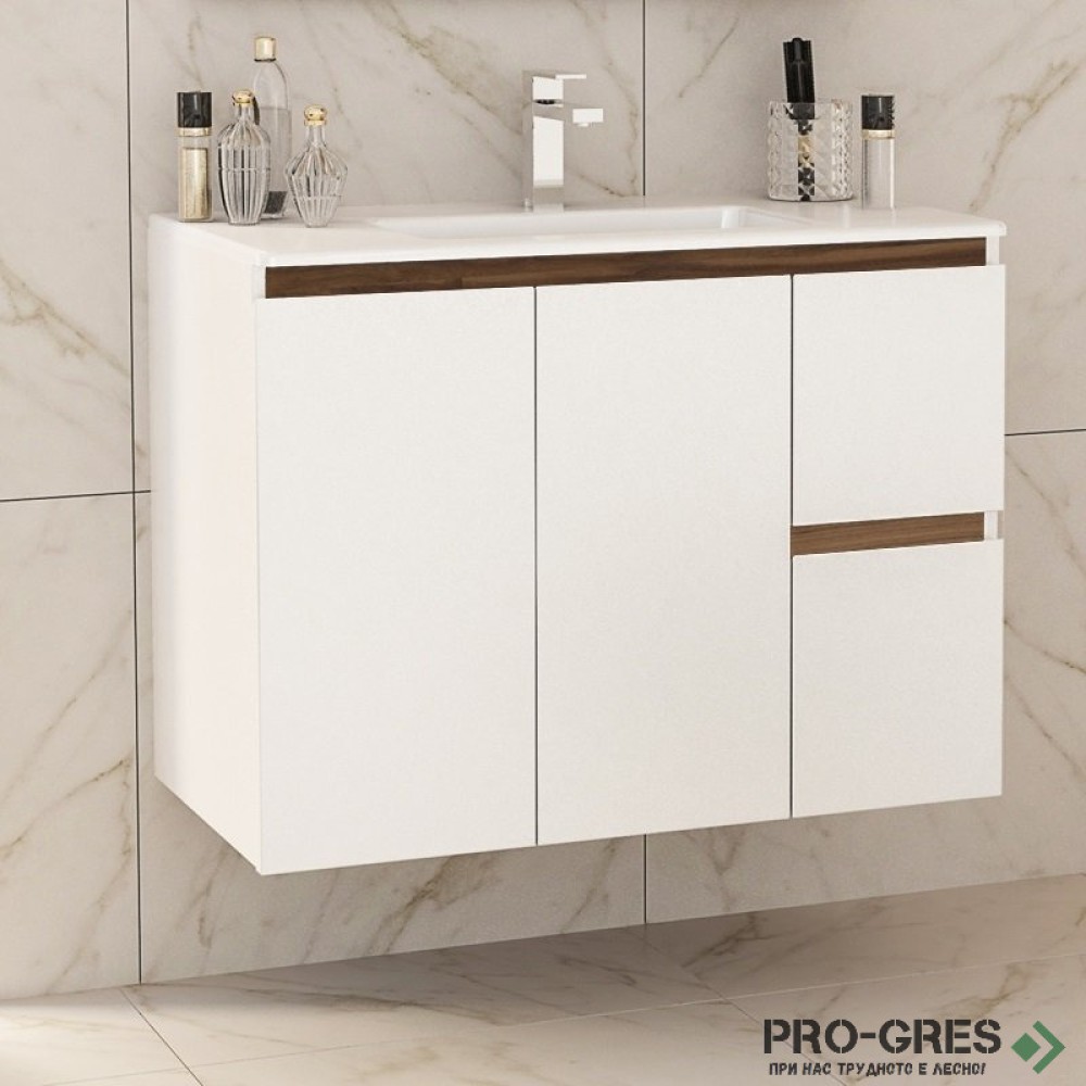 Шкаф за баня 85 см 3 вратички 1 чекмедже с мивка порцелан, FLEXMEBEL, INES TWIN, F852D2CIN