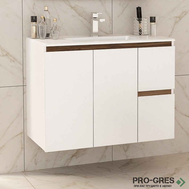Шкаф за баня 85 см 3 вратички 1 чекмедже с мивка порцелан, FLEXMEBEL, INES TWIN, F852D2CIN