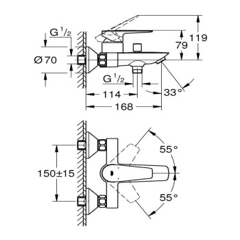 Смесител за вана едноръкохватков,хром,Bauedge Grohe 23604001